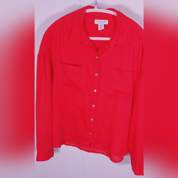Rachel Zoe 100% Linen Button Front Size Medium Long Sleeve Red Orange Boho Basic - Picture 12 of 13